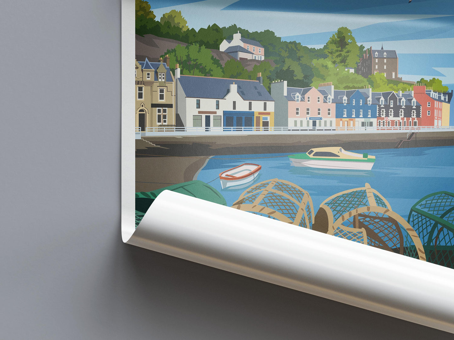Isle of Mull Travel Poster – A4 to A1 Wall Art Print | Tobermory Harbour Illustration | Scotland Coastal Poster