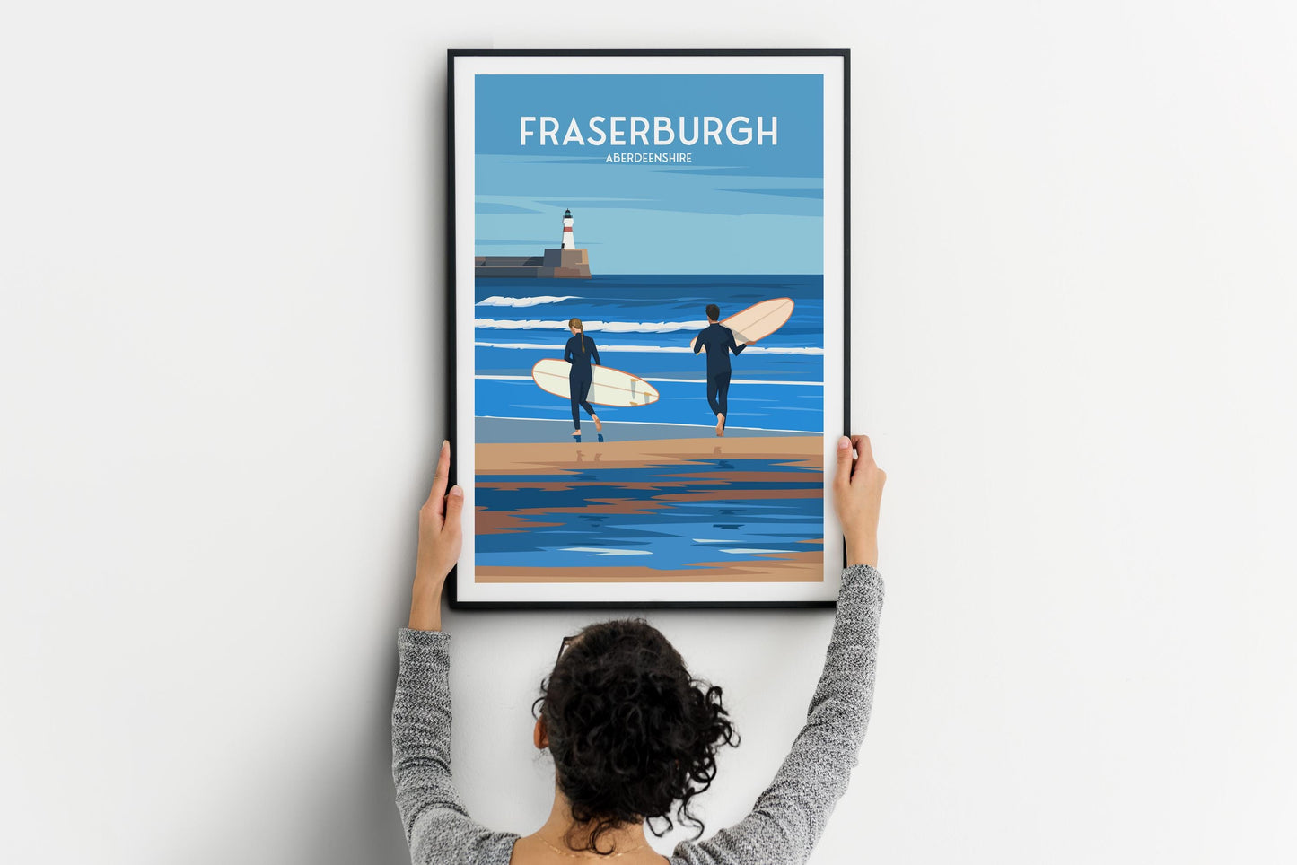 Fraserburgh Travel Poster – Aberdeenshire Coastal Wall Art Print | Surfing Beach & Lighthouse Illustration | A4 to A1 Sizes