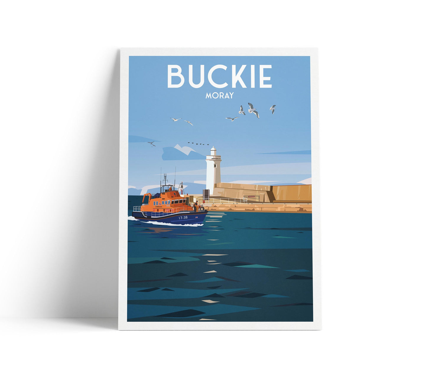 Buckie Moray Print - Lighthouse - Pier - Harbour - Lifeboat - Travel Poster