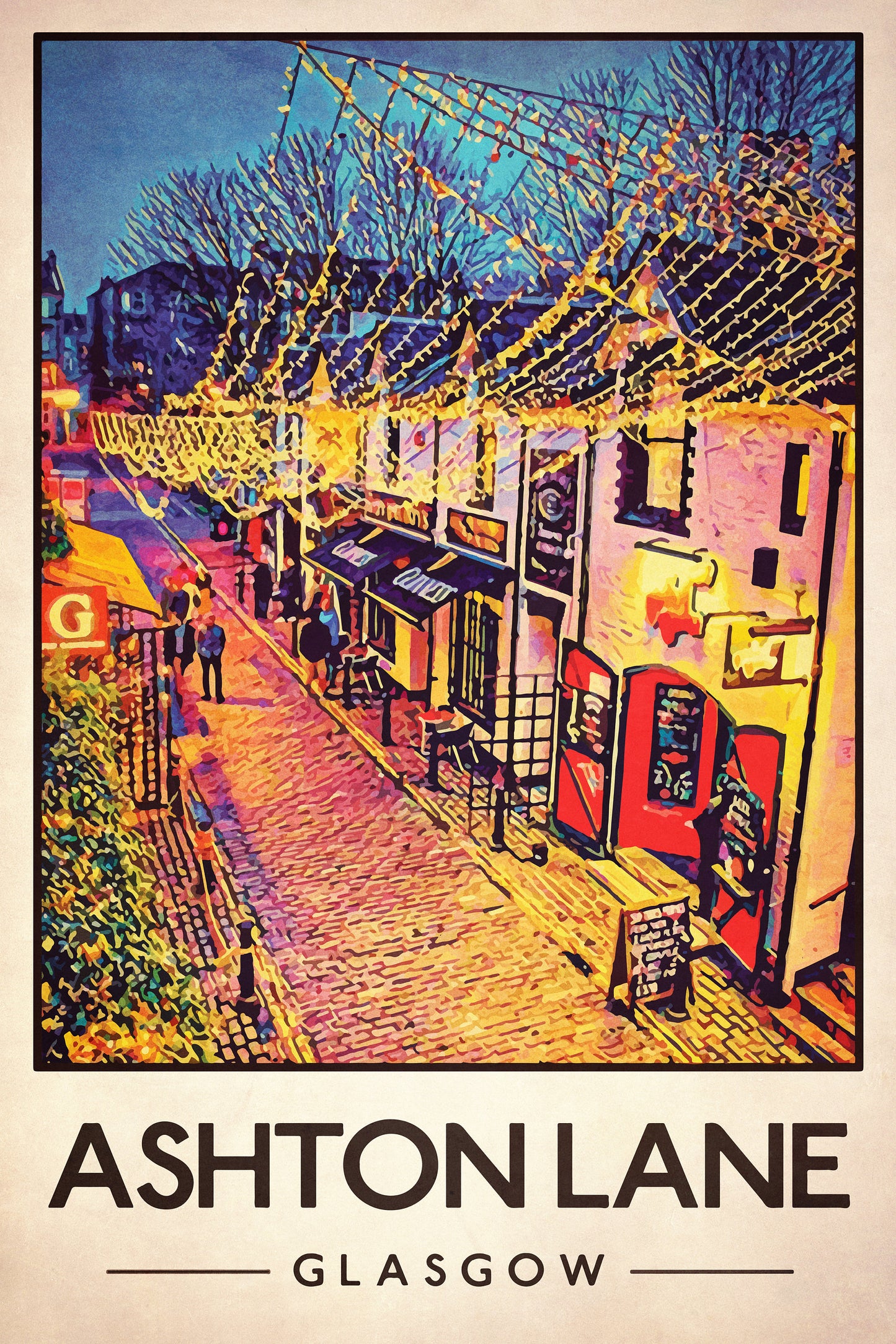Ashton Lane Poster, Vintage looking Glasgow street illustration, Glasgow Print, Scottish Art, Scottish Gifts, Vintage Scotland