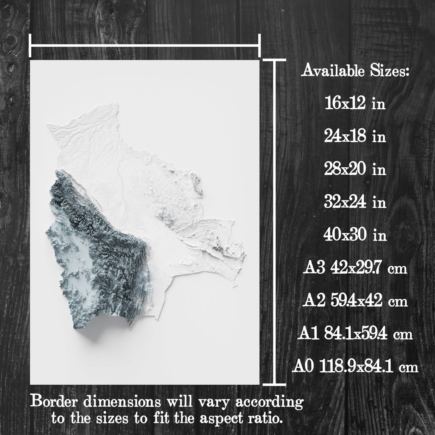 Bolivia Art Relief Map - 2D Black and White Print - Bolivia Geology - 2D Shaded Relief Map - Unique Bolivian Art
