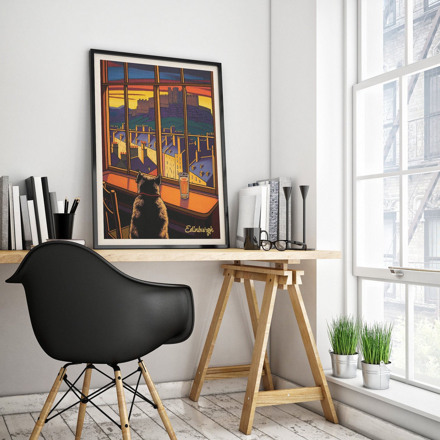 Edinburgh Pub with a View of the Castle - Vibrant Colourful Edinburgh Poster - Scottish Wall Art - Grassmarket