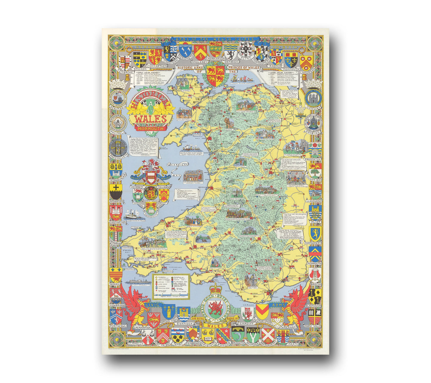 Historical Map of Wales and Monmouth | Old Map Wall Print | Holyhead | Llandudno | Rhyl | Birkenhead | Swansea | Cardiff