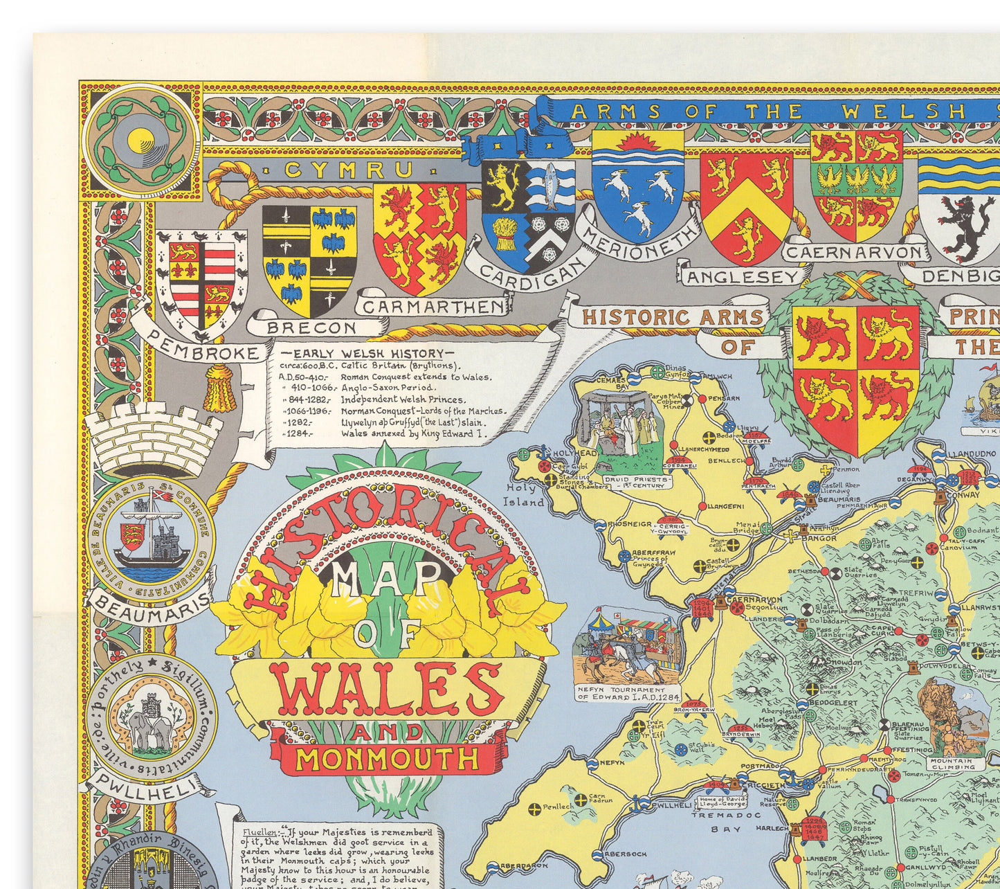 Historical Map of Wales and Monmouth | Old Map Wall Print | Holyhead | Llandudno | Rhyl | Birkenhead | Swansea | Cardiff