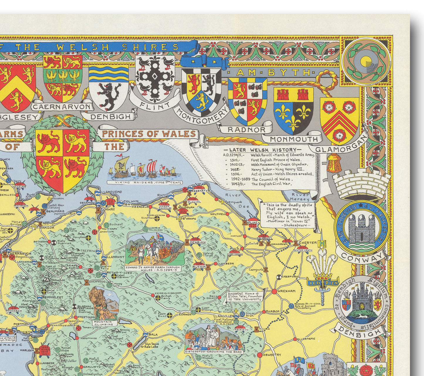Historical Map of Wales and Monmouth | Old Map Wall Print | Holyhead | Llandudno | Rhyl | Birkenhead | Swansea | Cardiff