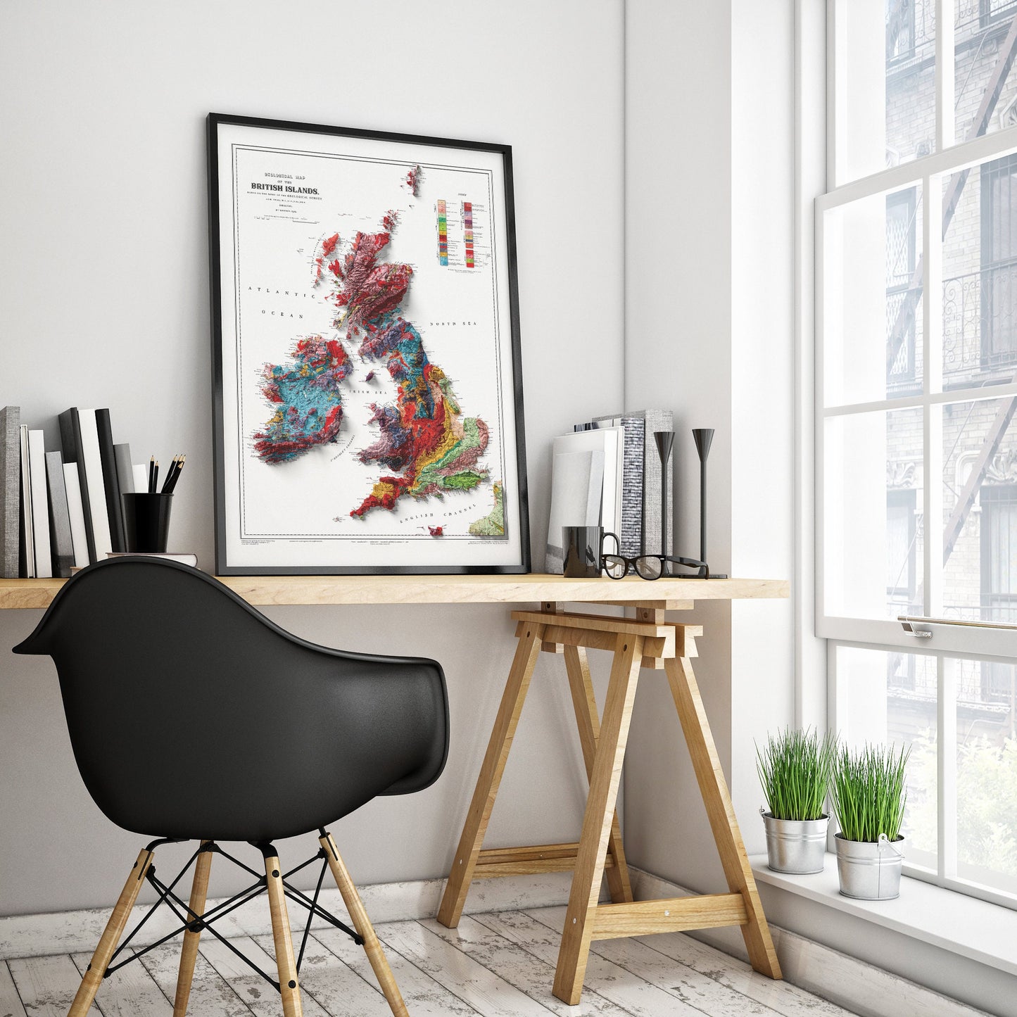 British Islands Geology Elevation Map - 2D Relief Map Print With 3D Illusion - Professionally Restored Poster of United Kingdom & Ireland