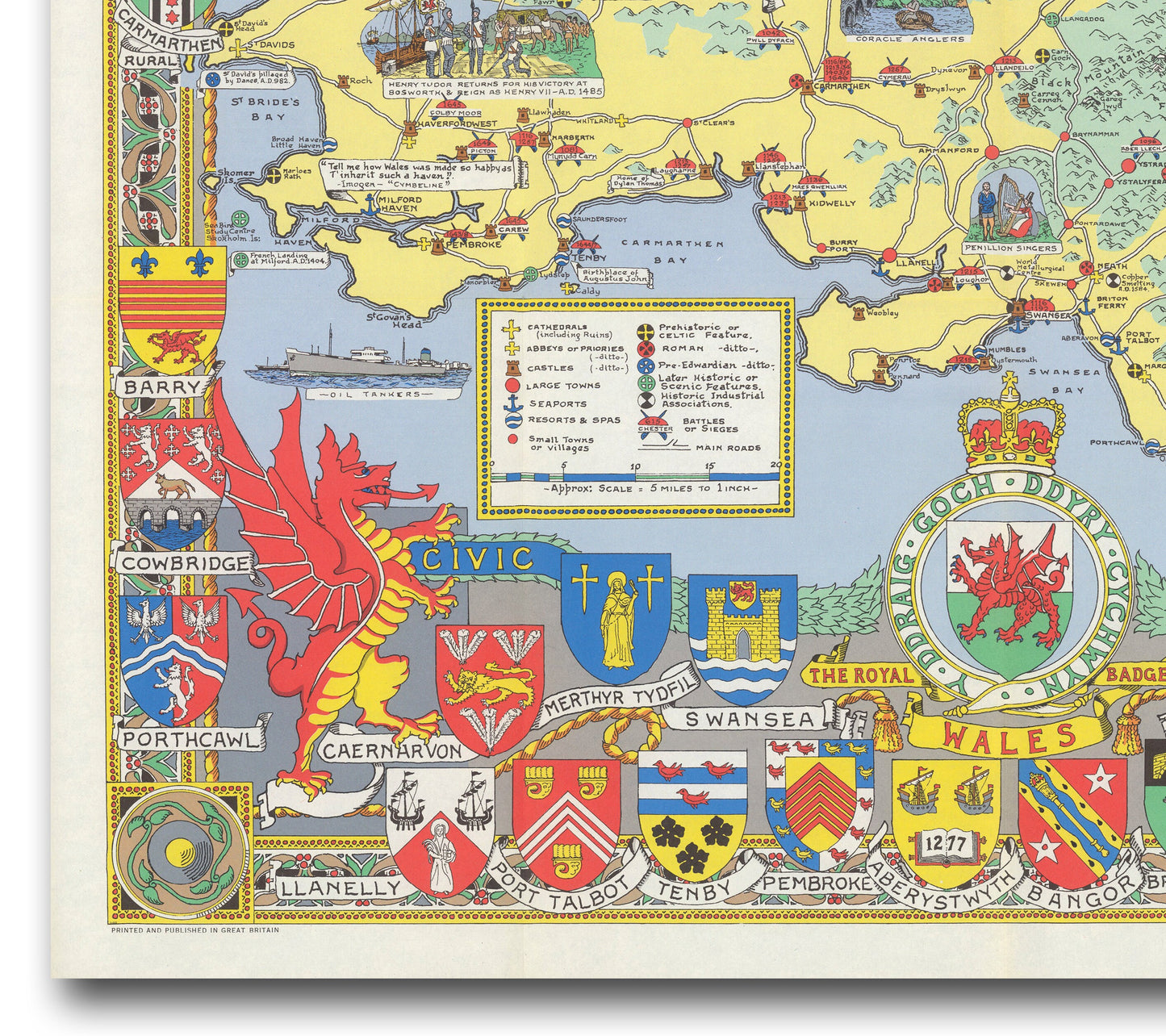 Historical Map of Wales and Monmouth | Old Map Wall Print | Holyhead | Llandudno | Rhyl | Birkenhead | Swansea | Cardiff