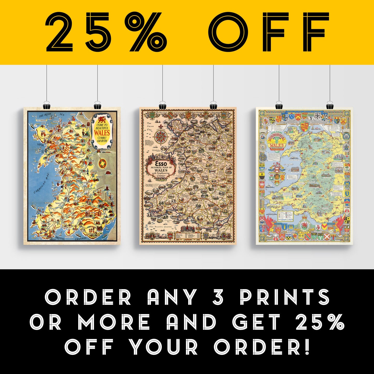 Historical Map of Wales and Monmouth | Old Map Wall Print | Holyhead | Llandudno | Rhyl | Birkenhead | Swansea | Cardiff