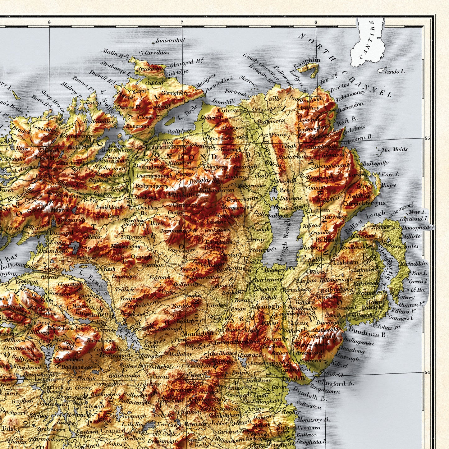 Ireland Map - Vintage 2D Shaded Relief Map - Irish Topographic Map- Bartholomew - Dublin, Limerick, Ulster, Connaught, Munster,Leinster
