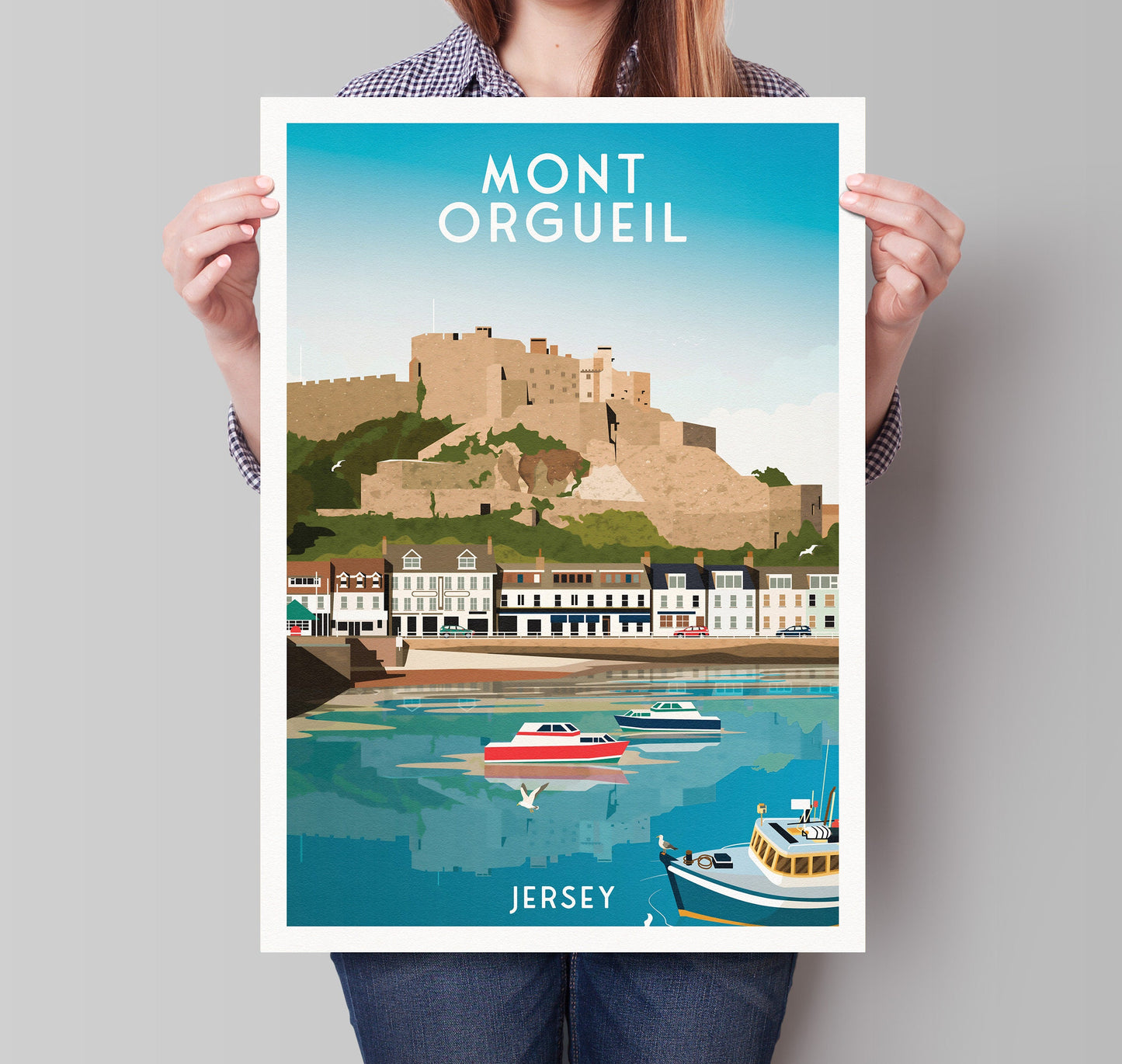 Mont Orgueil Castle Print - Jersey - Gorey Harbour - Saint Martin - Travel Poster