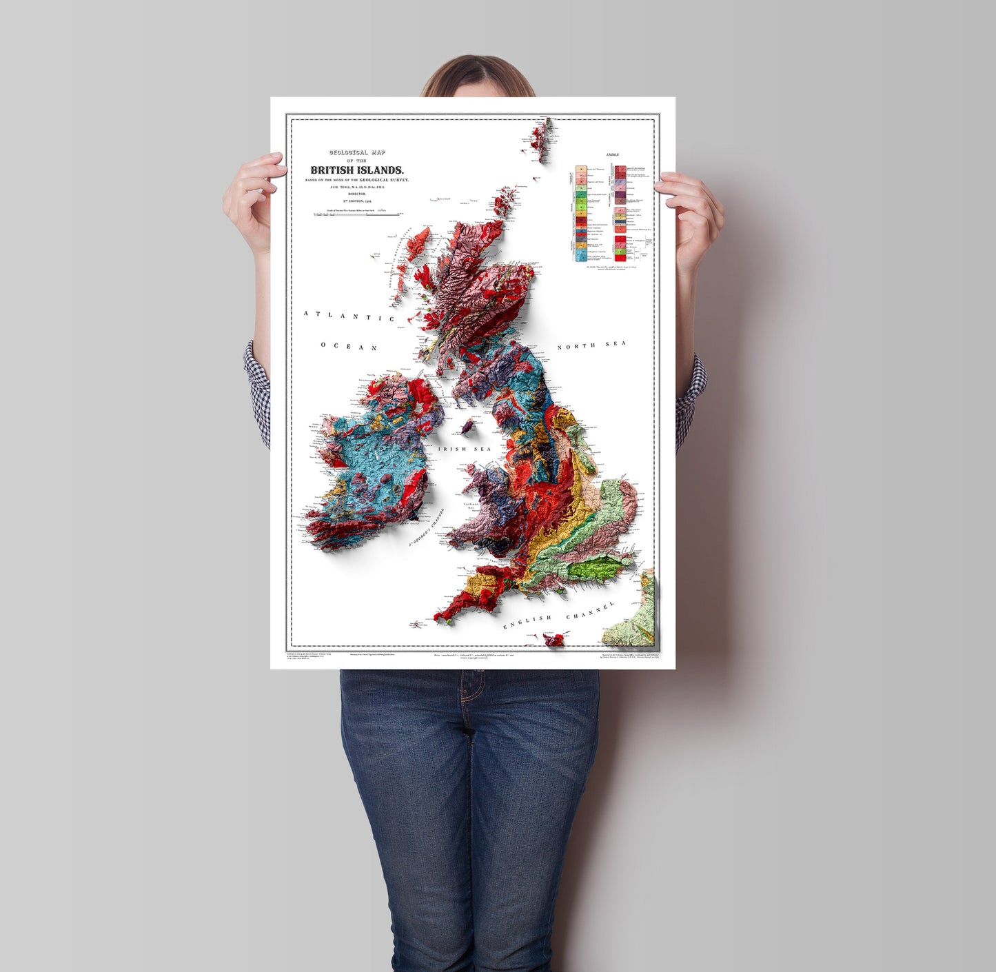 British Islands Geological Map - 3D effect relief Print (2D map with 3D effect using satellite terrain data)
