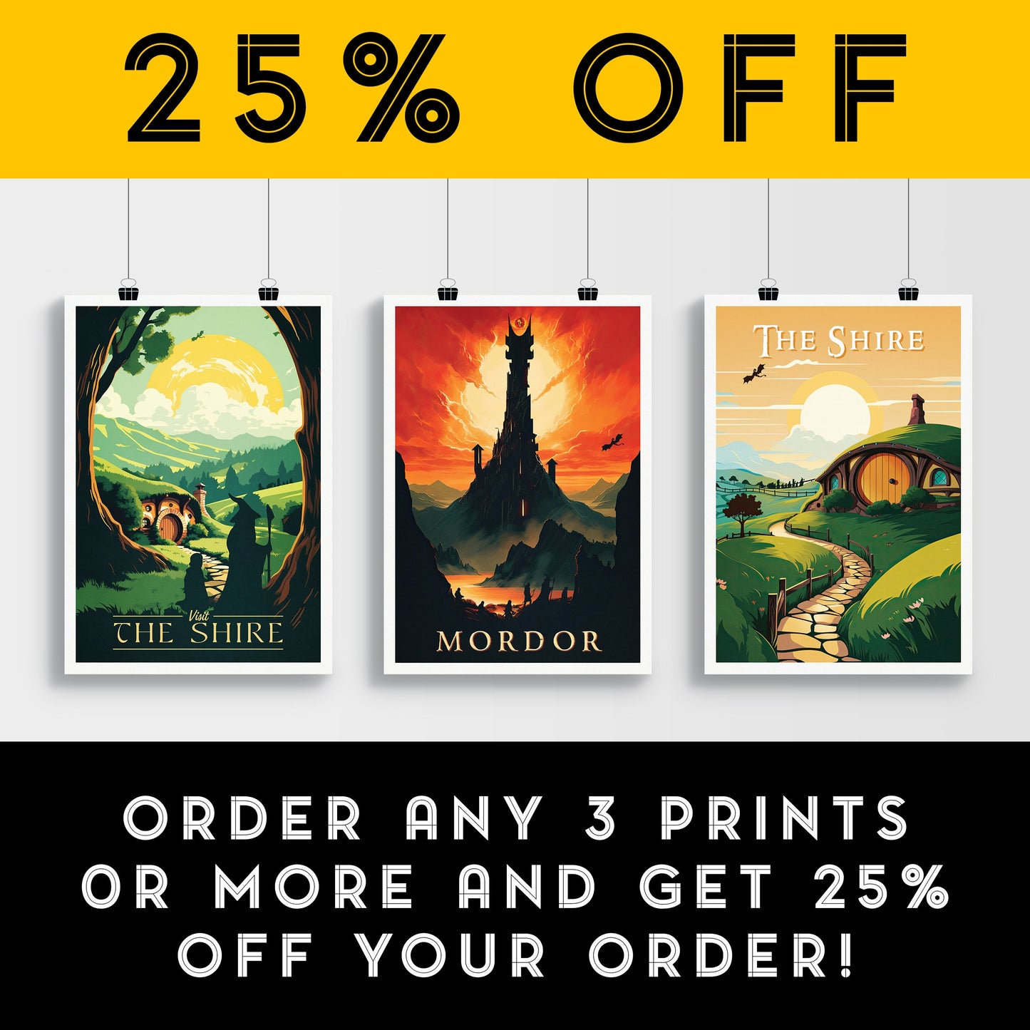 Mordor Travel Poster | Gandalf | Tower of Sauron Middle-Earth Print | Dragon | Gollum | Fellowship | Vintage Travel Poster Art | LOTR