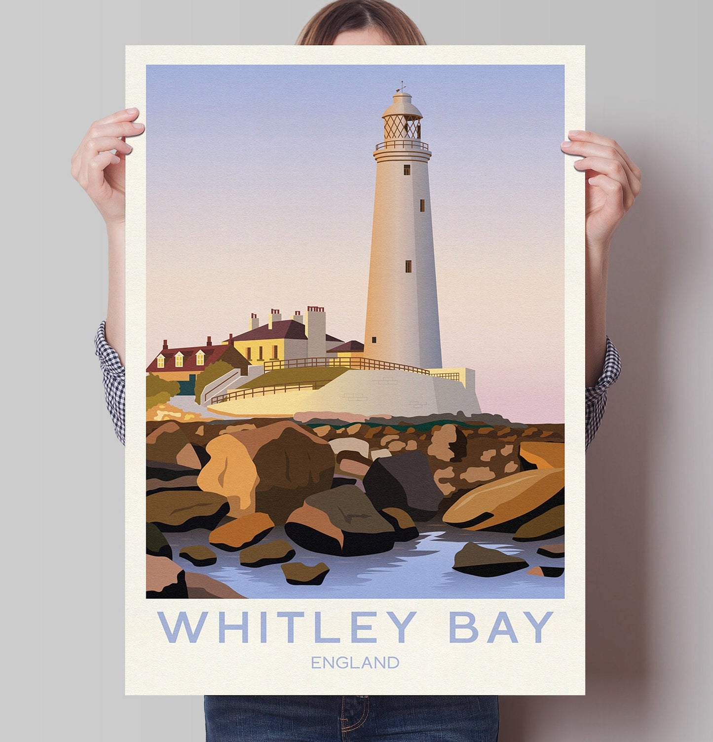 Whitley Bay Travel Poster | English Coastal Lighthouse Print | St Mary's Lighthouse | Whitley Bay Poster | Newcastle Upon Tyne | Tynemouth