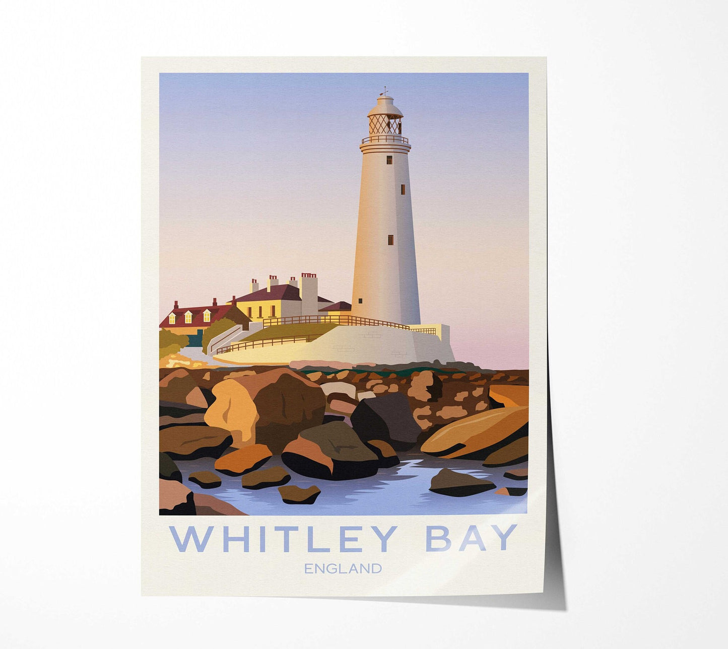Whitley Bay Travel Poster | English Coastal Lighthouse Print | St Mary's Lighthouse | Whitley Bay Poster | Newcastle Upon Tyne | Tynemouth