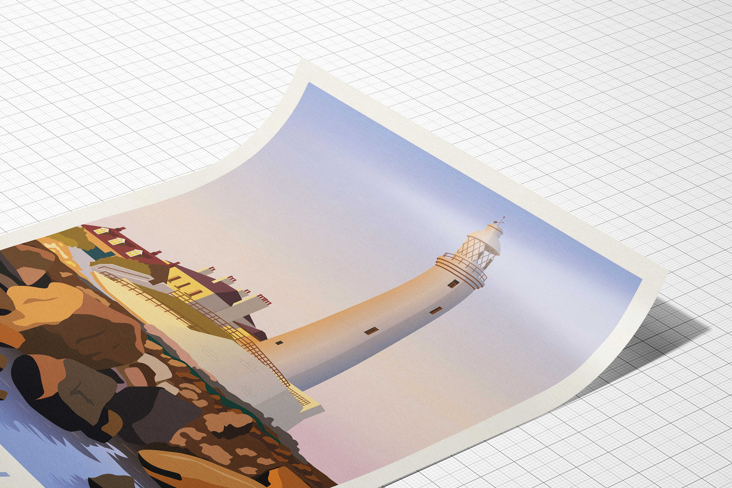 Whitley Bay Travel Poster | English Coastal Lighthouse Print | St Mary's Lighthouse | Whitley Bay Poster | Newcastle Upon Tyne | Tynemouth