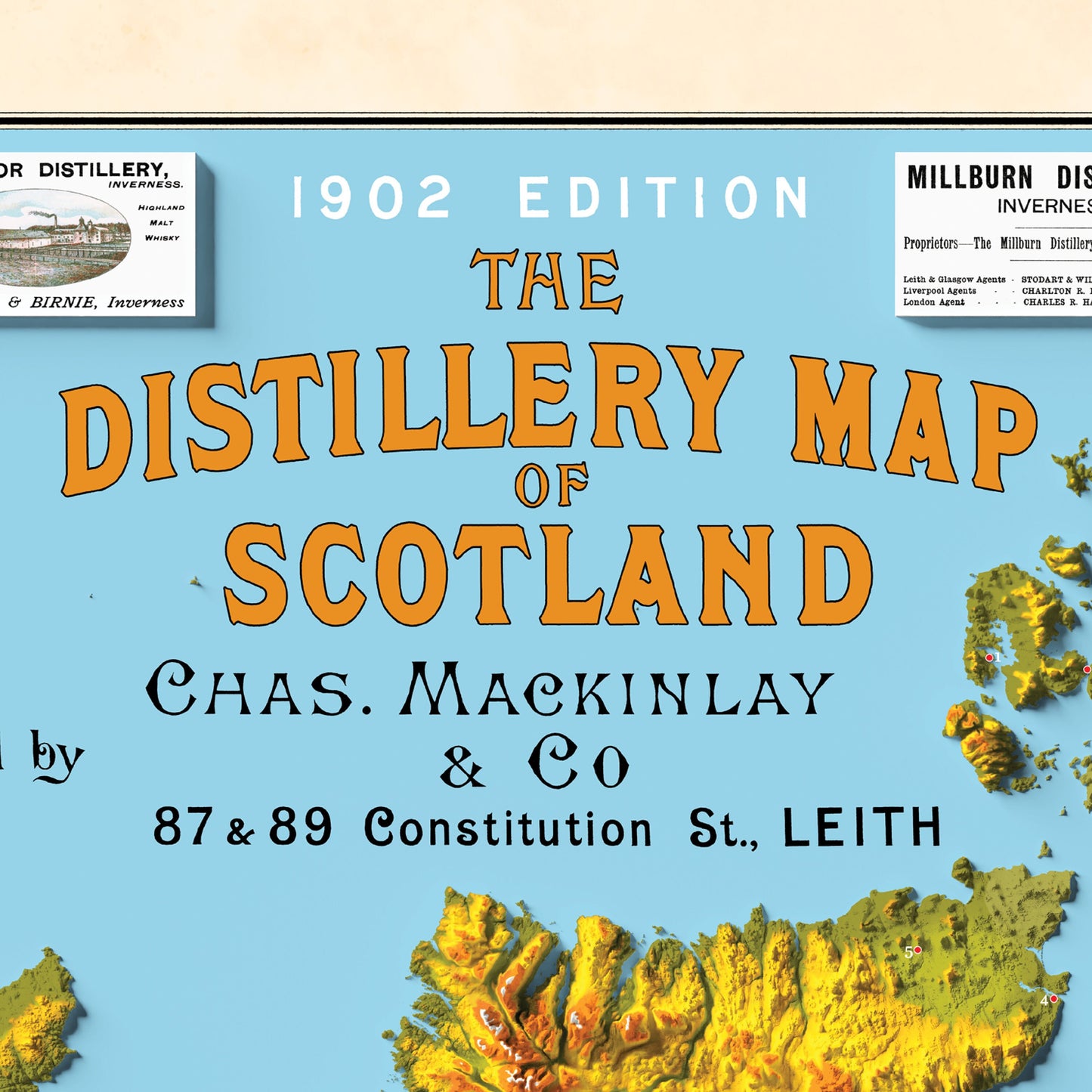 Distillery Map of Scotland - Scotch Whisky Map - The Scottish Malts - 3D Relief Effect Print, distilleries Poster, Scotland art, whiskey