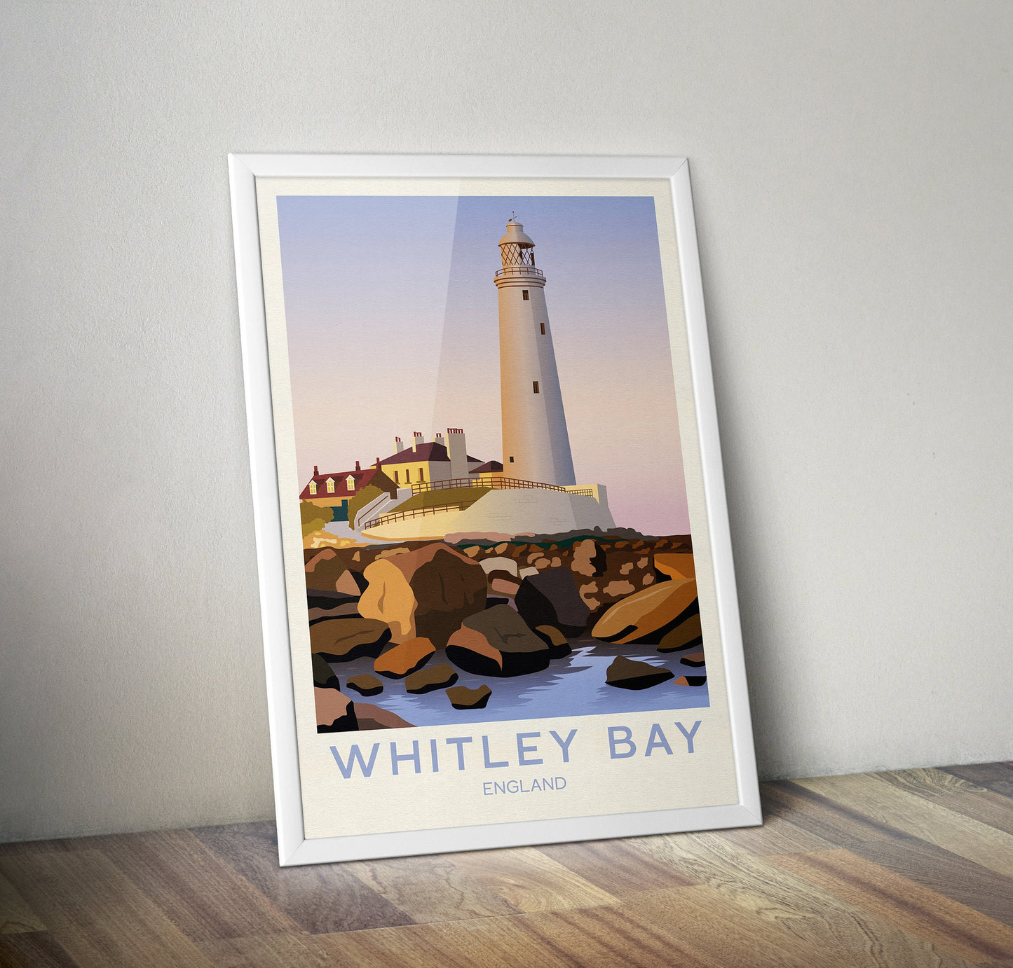 Whitley Bay Travel Poster | English Coastal Lighthouse Print | St Mary's Lighthouse | Whitley Bay Poster | Newcastle Upon Tyne | Tynemouth