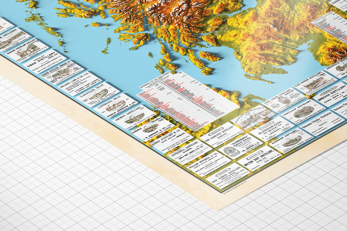 Distillery Map of Scotland - Scotch Whisky Map - The Scottish Malts - 3D Relief Effect Print, distilleries Poster, Scotland art, whiskey