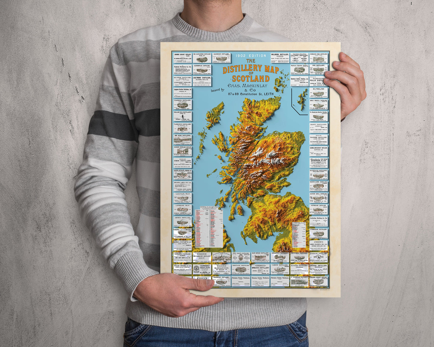 Distillery Map of Scotland - Scotch Whisky Map - The Scottish Malts - 3D Relief Effect Print, distilleries Poster, Scotland art, whiskey
