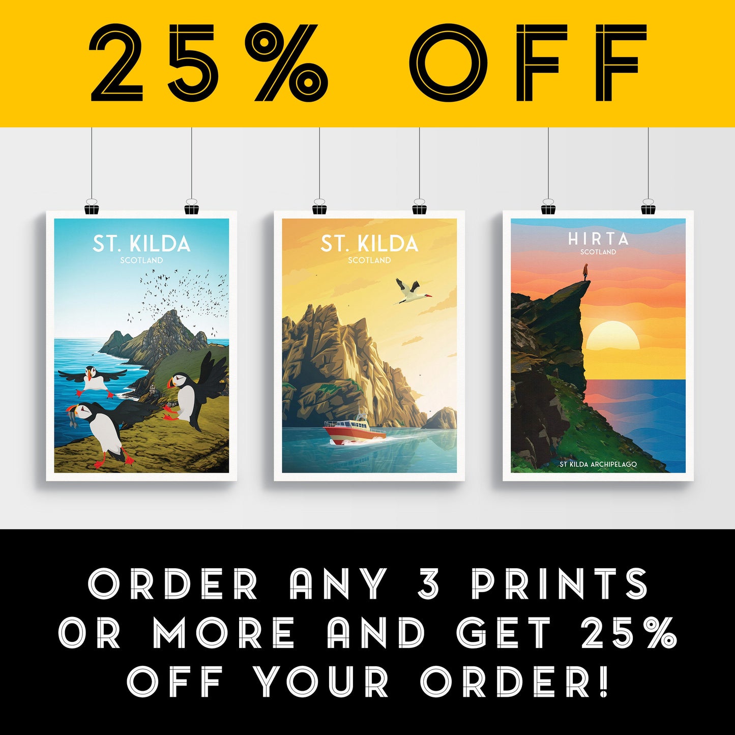 St. Kilda Print featuring Boreray - Gannets - St Kilda Archipelago - Travel Poster - Illustration - St Kilda Archipelago - Hirta - Dun