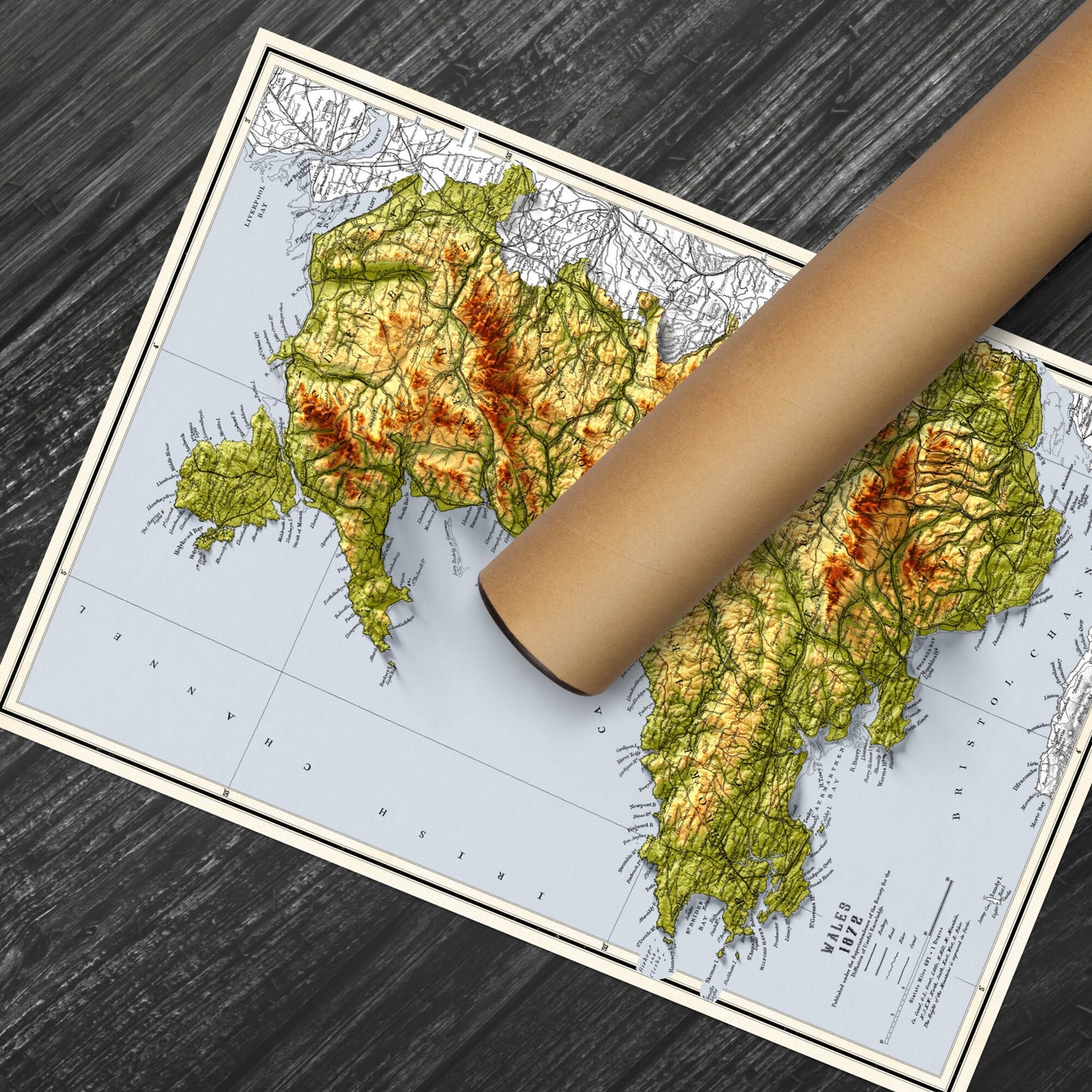 Wales Map - Cymru Elevation Map - 1872 - 2D Welsh Vintage Poster - 3D effect shaded relief Print