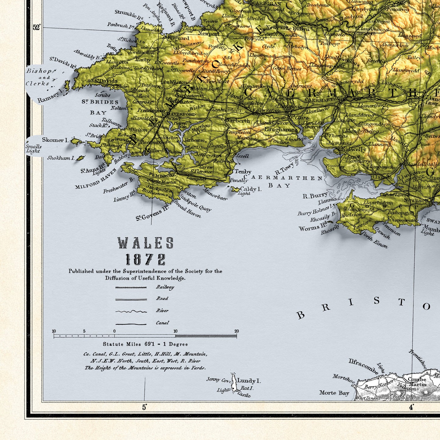 Wales Map - Cymru Elevation Map - 1872 - 2D Welsh Vintage Poster - 3D effect shaded relief Print
