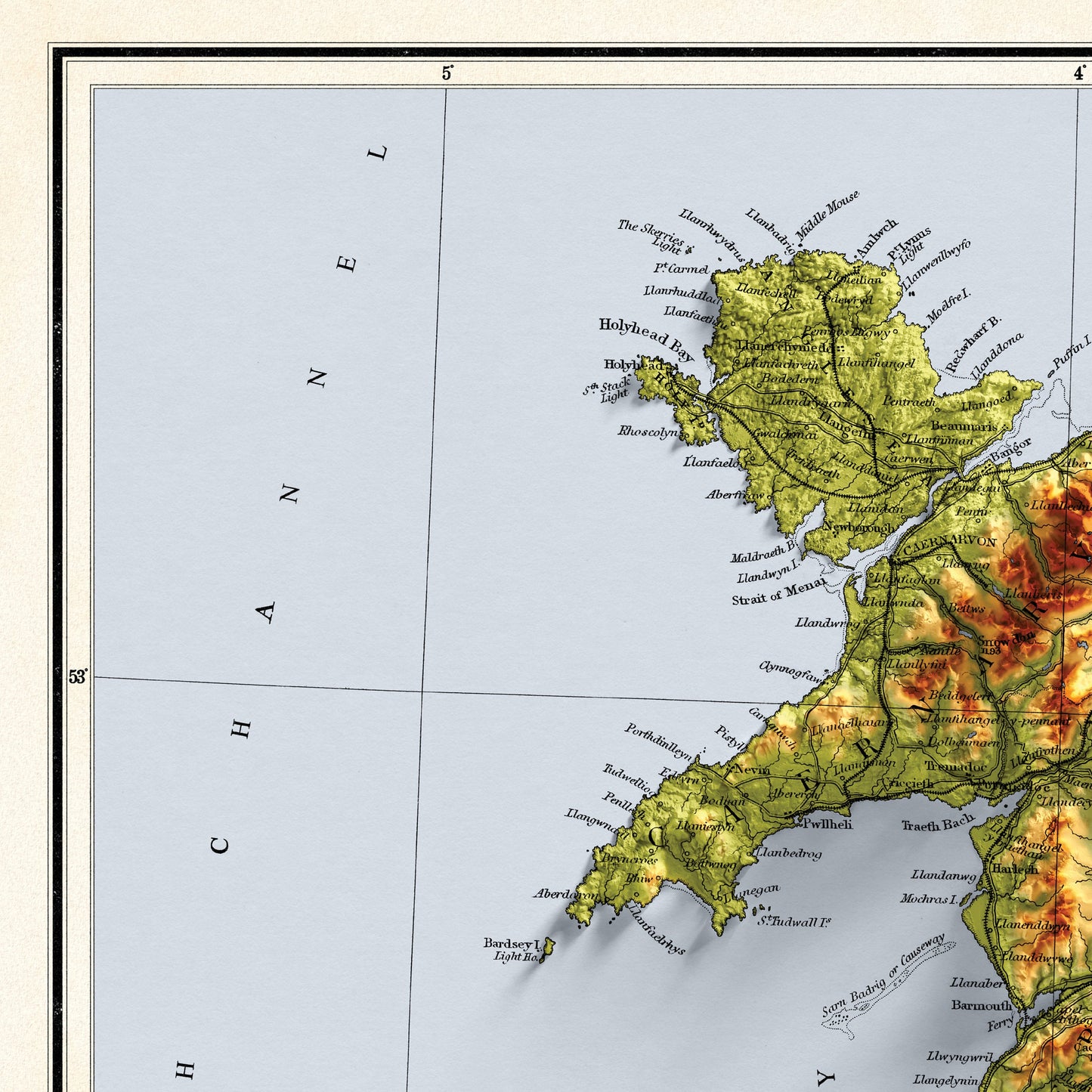 Wales Map - Cymru Elevation Map - 1872 - 2D Welsh Vintage Poster - 3D effect shaded relief Print