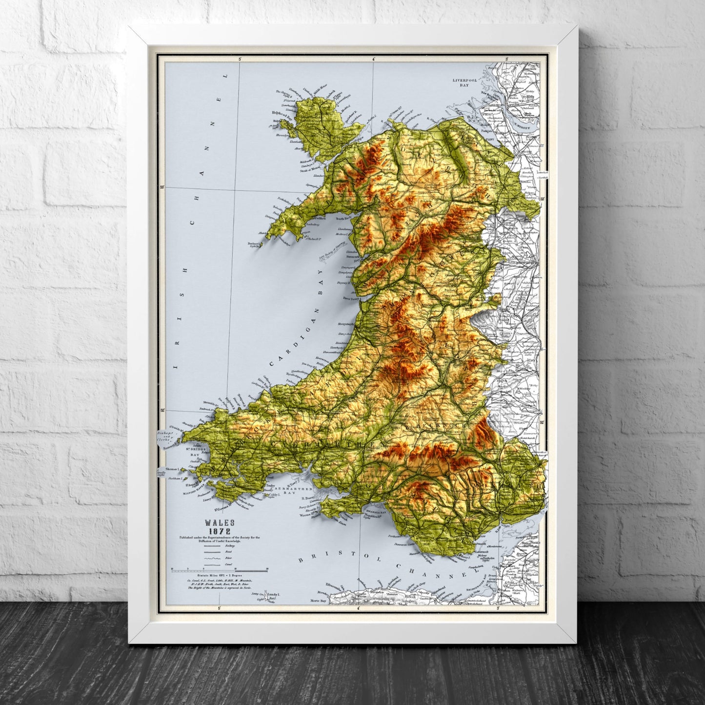 Wales Map - Cymru Elevation Map - 1872 - 2D Welsh Vintage Poster - 3D effect shaded relief Print
