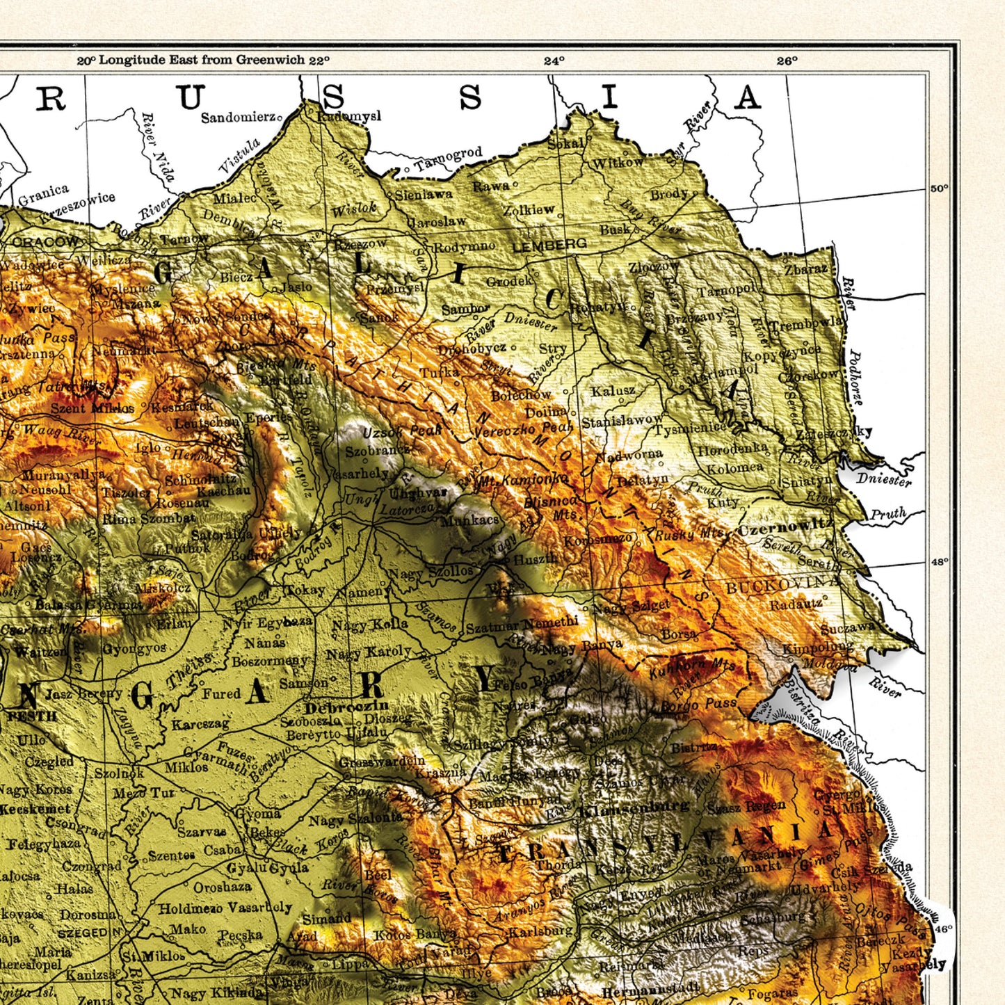 Austria Map - 2D Shaded relief Map with 3D effect - Bartholomew Print - Austro Hungarian Empire poster - Bohemia - Hungary - Galicia
