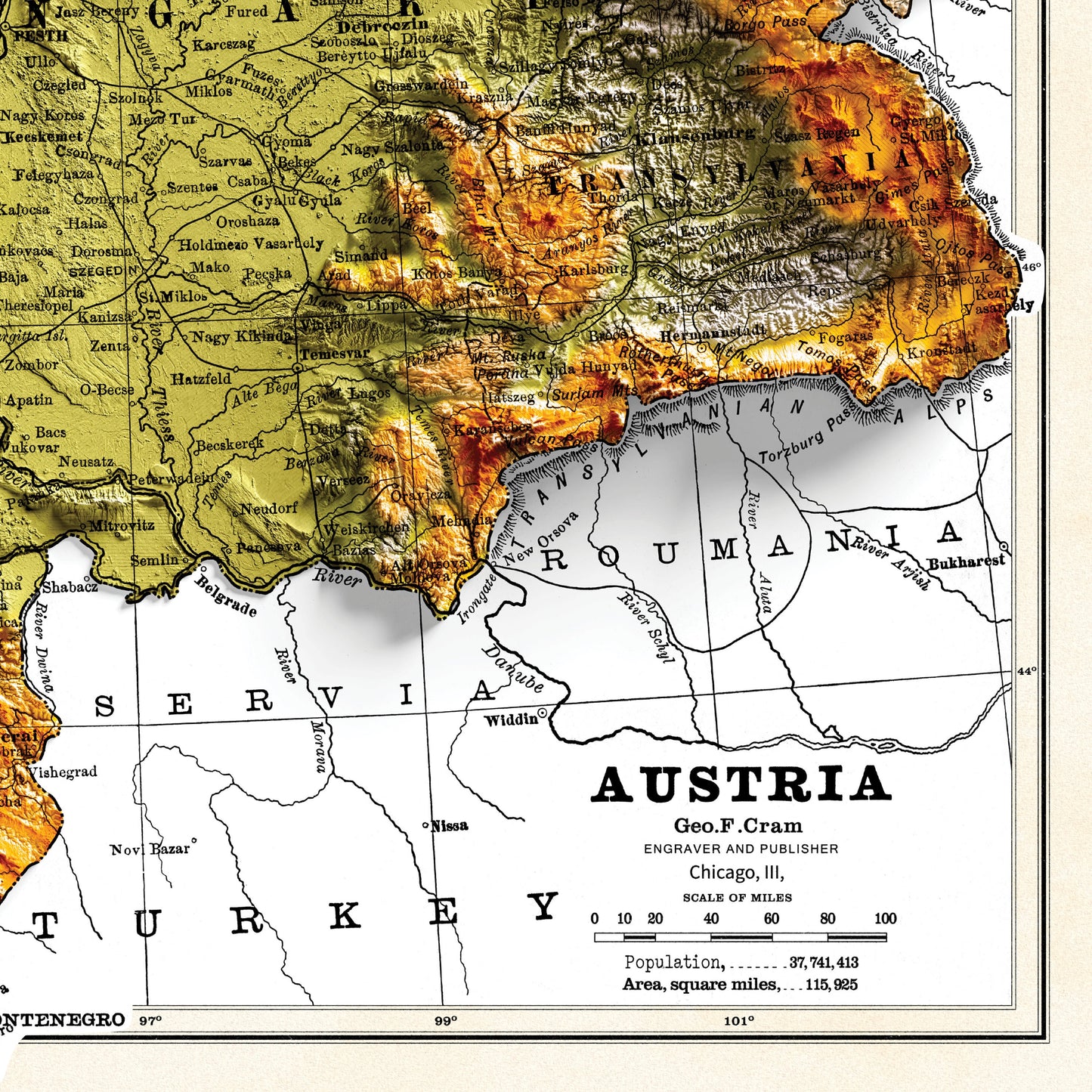 Austria Map - 2D Shaded relief Map with 3D effect - Bartholomew Print - Austro Hungarian Empire poster - Bohemia - Hungary - Galicia