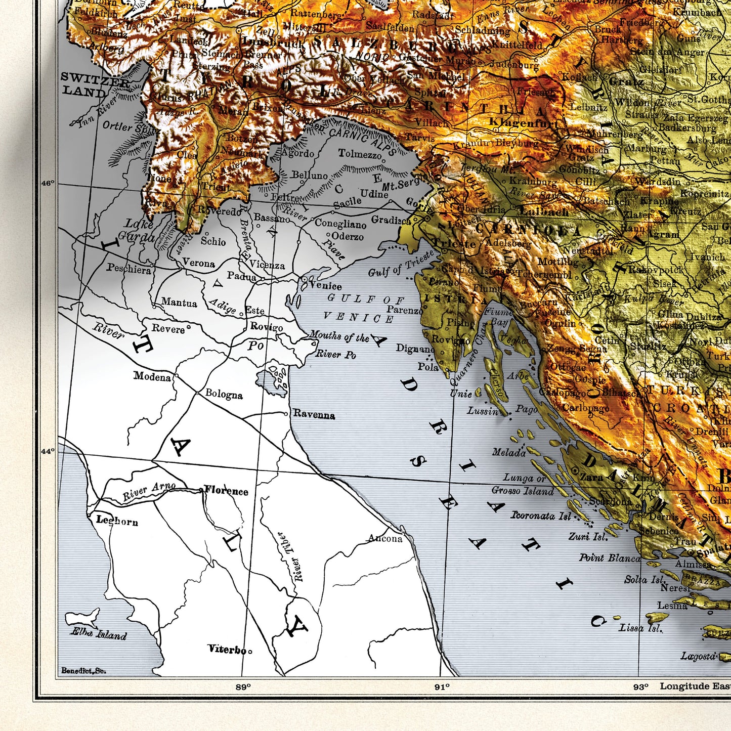 Austria Map - 2D Shaded relief Map with 3D effect - Bartholomew Print - Austro Hungarian Empire poster - Bohemia - Hungary - Galicia