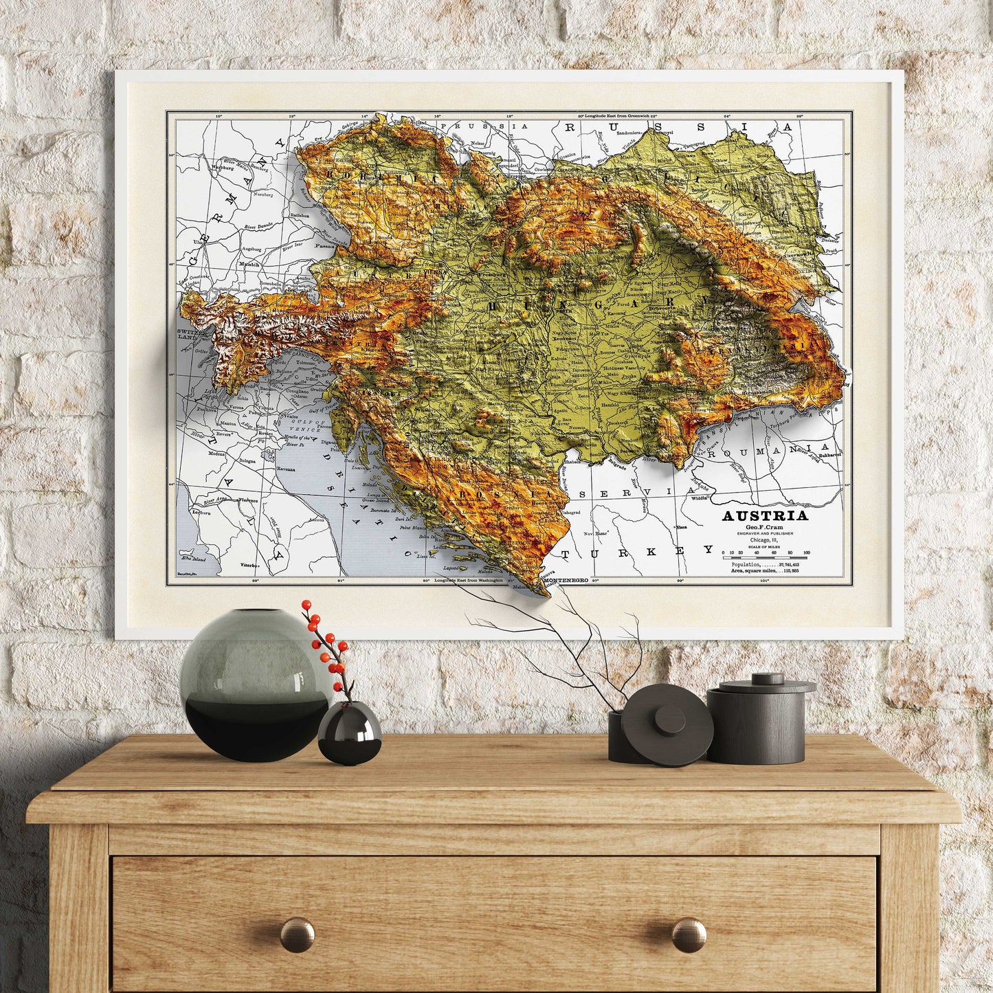 Austria Map - 2D Shaded relief Map with 3D effect - Bartholomew Print - Austro Hungarian Empire poster - Bohemia - Hungary - Galicia