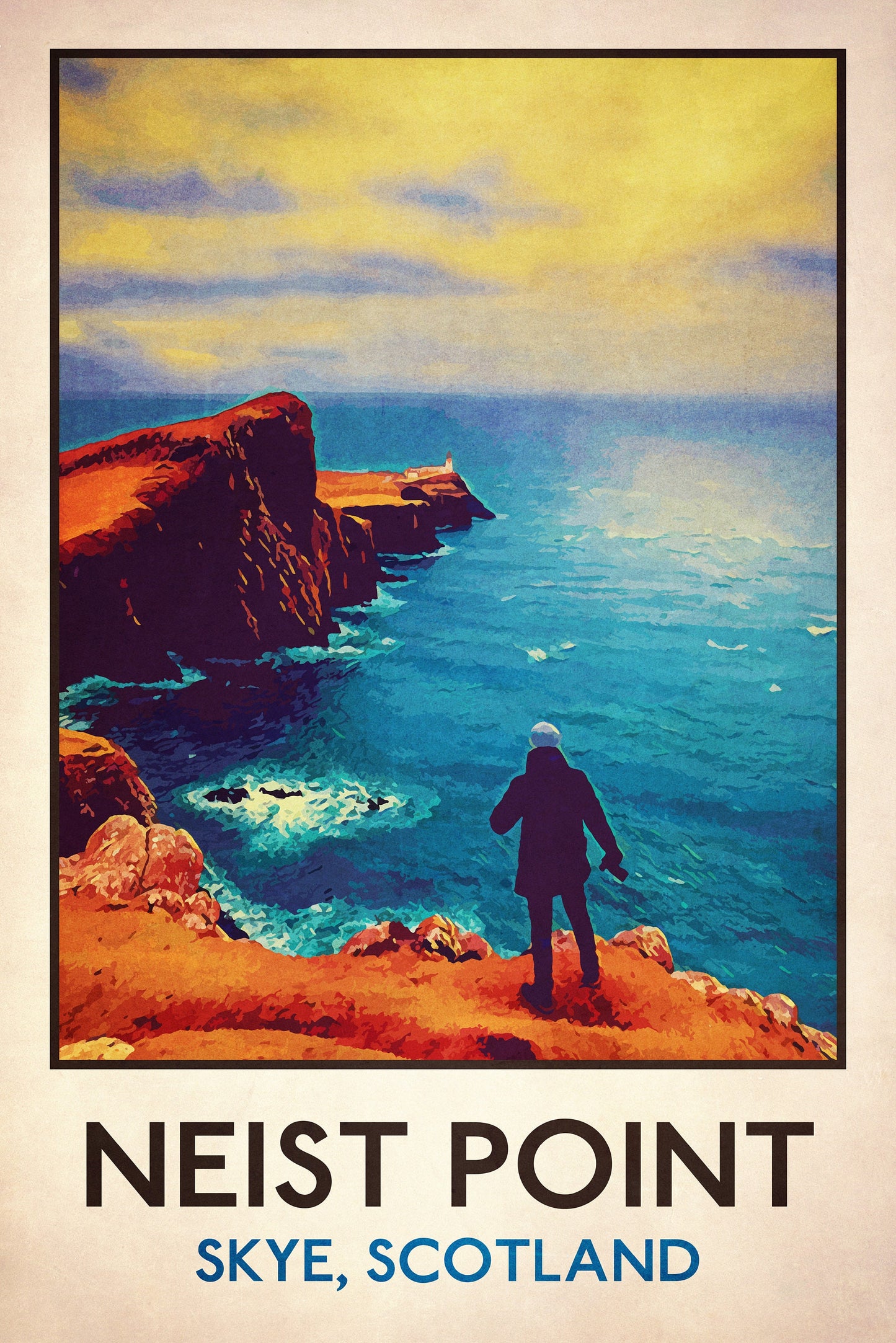 Skye Travel Poster, Vintage looking Skye Scotland Travel Poster, Neist Point Lighthouse, Scottish Art, Scottish Gifts, Vintage Scotland