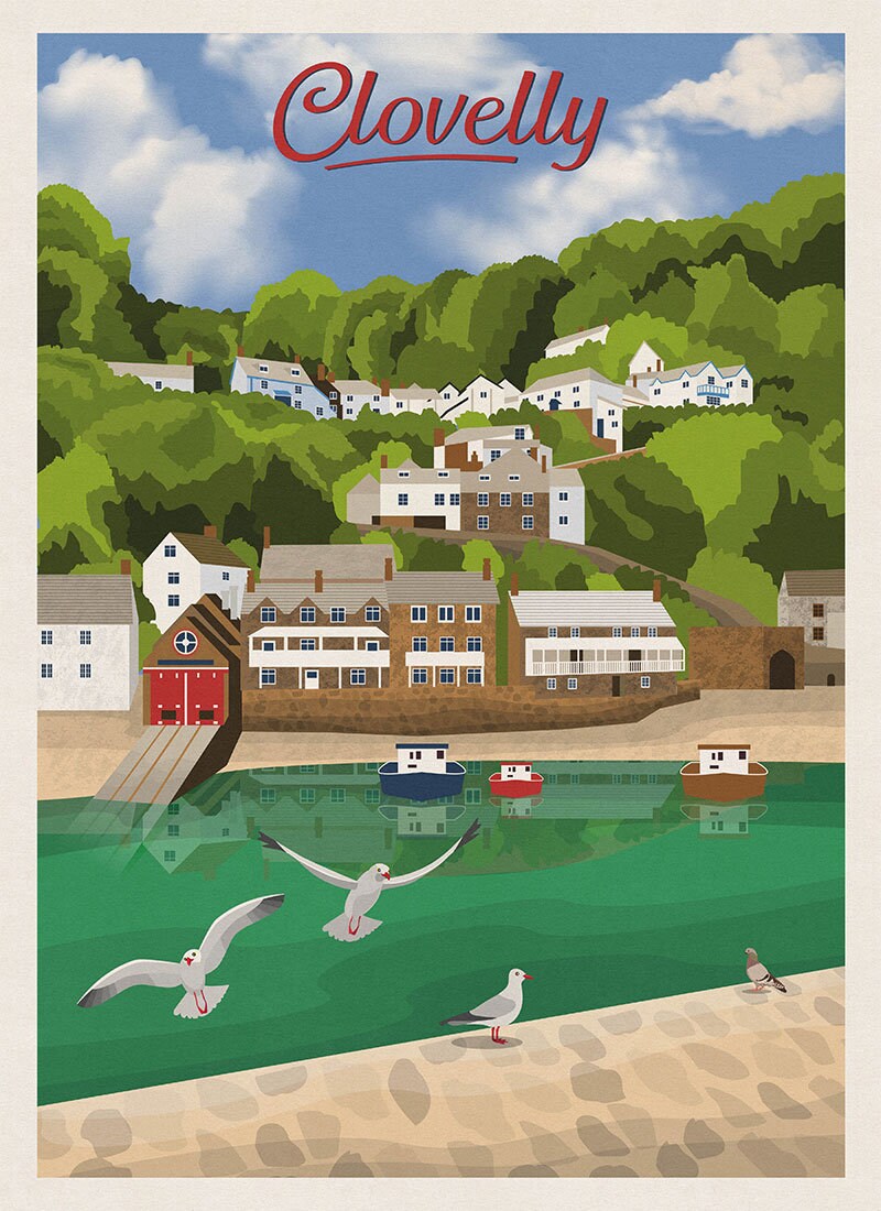 Clovelly Travel Poster - English landscape - Devon Art Print - Wall Art