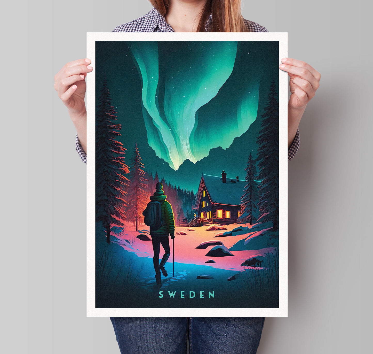 Sweden Travel Poster featuring the Northern Lights - Scandinavian Print - Swedish Wall Art - Scandinavian Winter Landscape