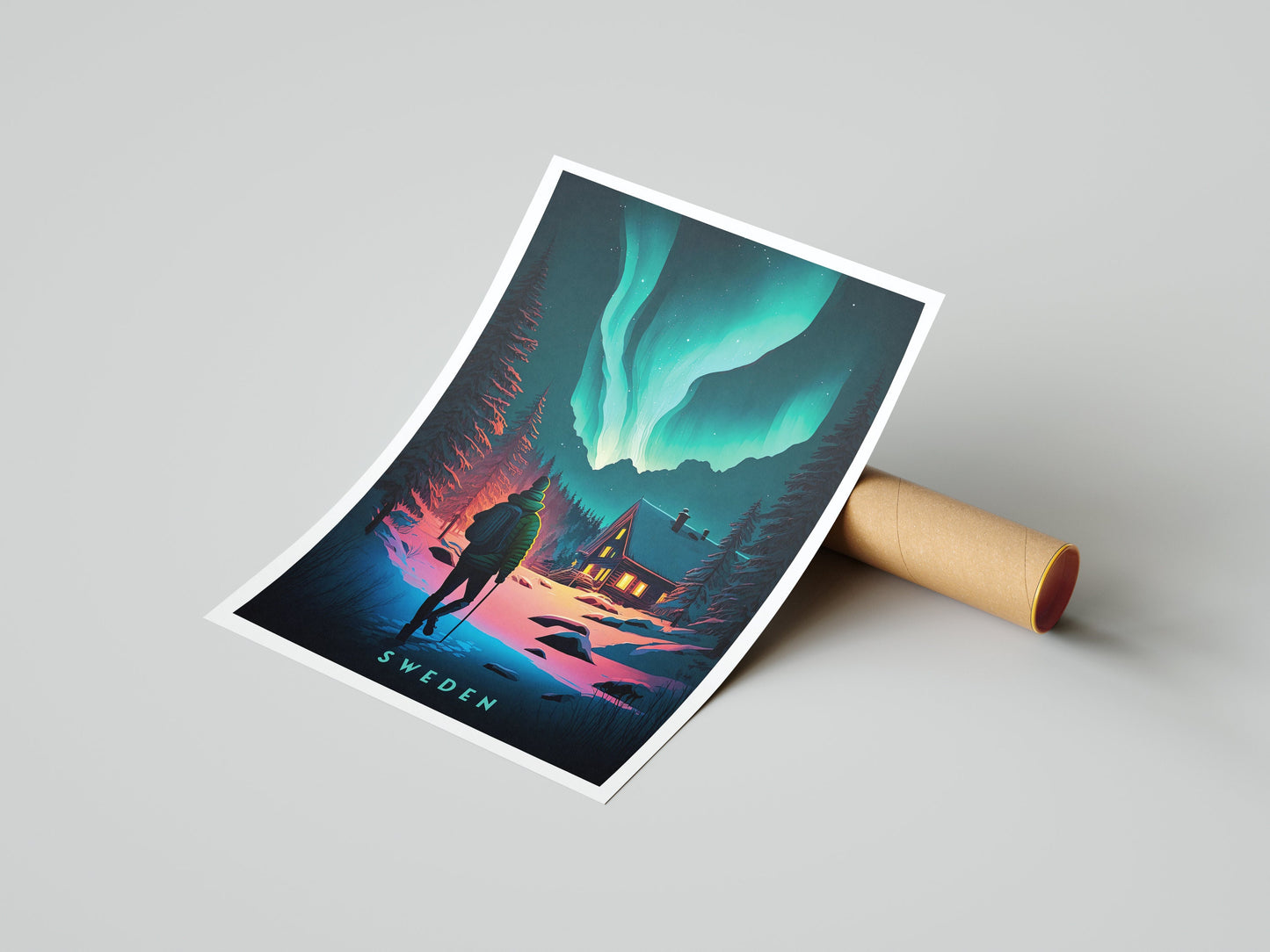 Sweden Travel Poster featuring the Northern Lights - Scandinavian Print - Swedish Wall Art - Scandinavian Winter Landscape