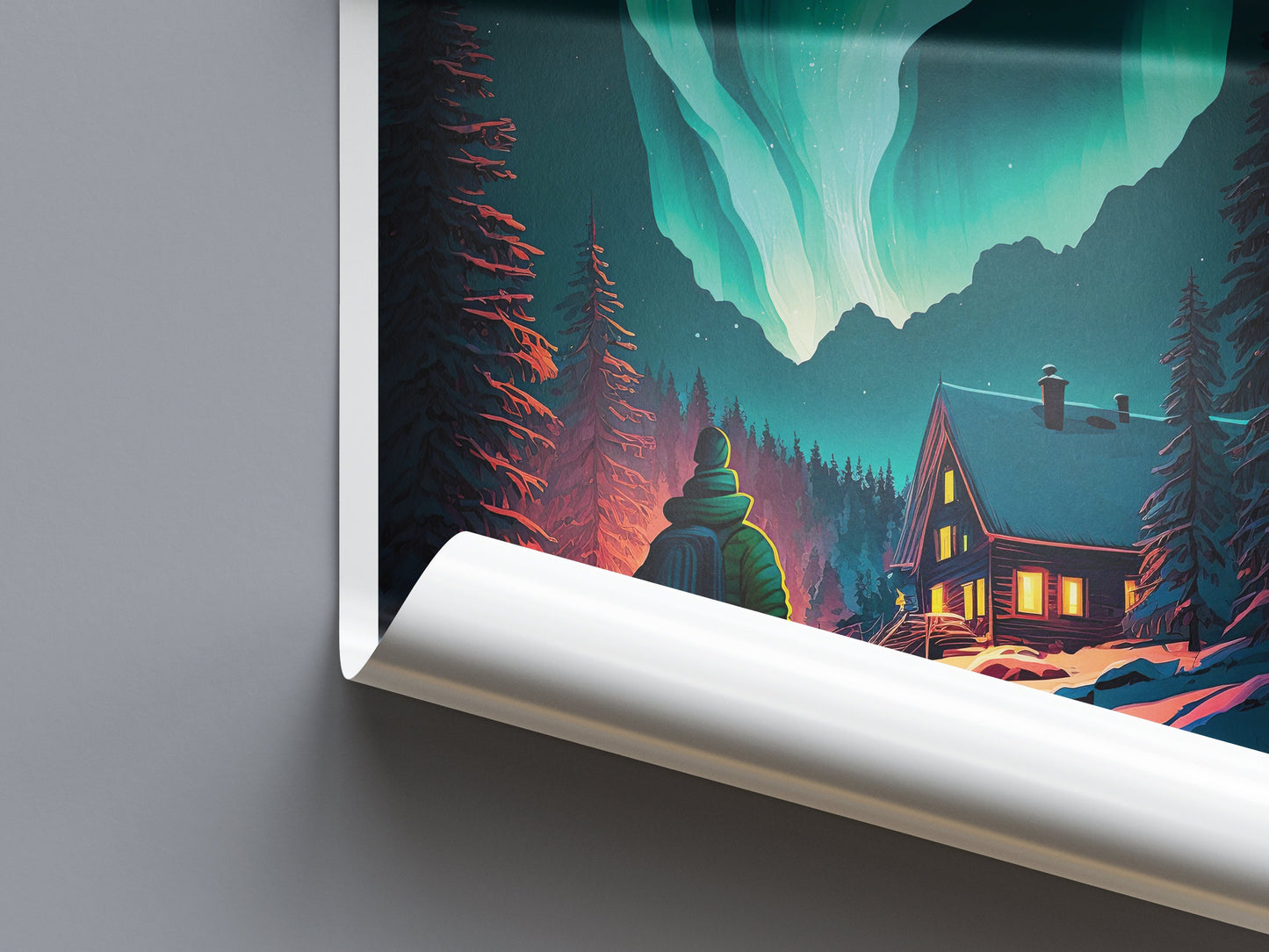 Sweden Travel Poster featuring the Northern Lights - Scandinavian Print - Swedish Wall Art - Scandinavian Winter Landscape