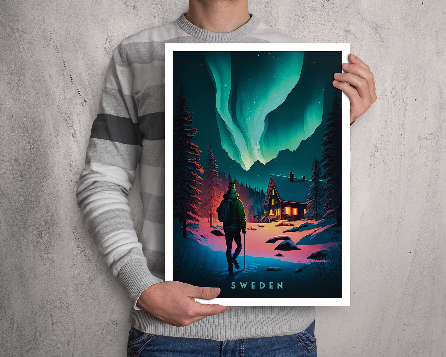 Sweden Travel Poster featuring the Northern Lights - Scandinavian Print - Swedish Wall Art - Scandinavian Winter Landscape