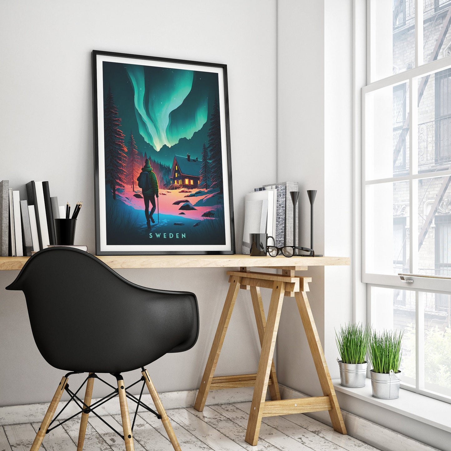 Sweden Travel Poster featuring the Northern Lights - Scandinavian Print - Swedish Wall Art - Scandinavian Winter Landscape