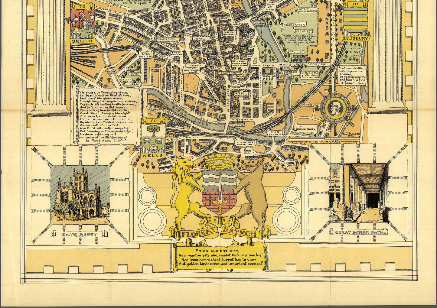 Bath Map - Pictorial map of the historic city of Bath -Bath illustrated map - illustration print art - Bath UK map artwork - birthday gift