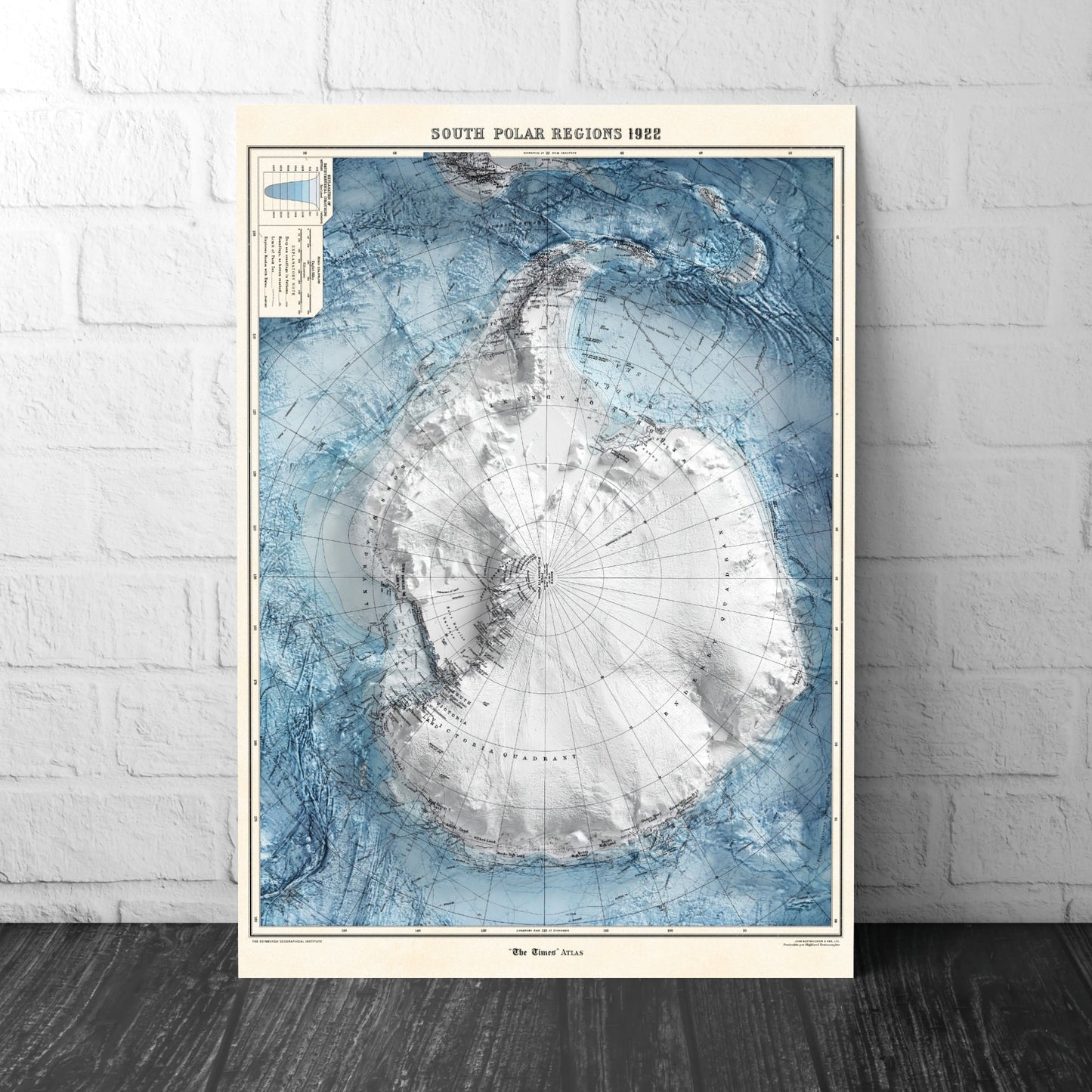 Antarctica Map - Vintage Style Print (1922) - South Pole Shaded Relief Map - Detailed Topography - Wall Art Print