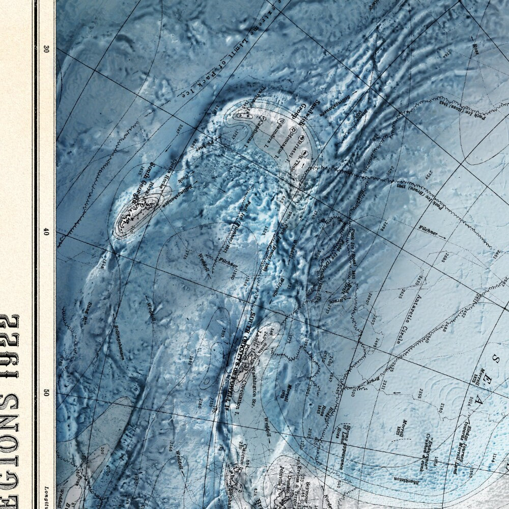 Antarctica Map - Vintage Style Print (1922) - South Pole Shaded Relief Map - Detailed Topography - Wall Art Print