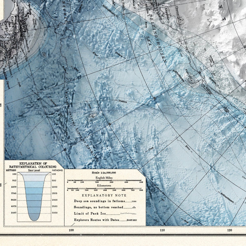 Antarctica Map - Vintage Style Print (1922) - South Pole Shaded Relief Map - Detailed Topography - Wall Art Print