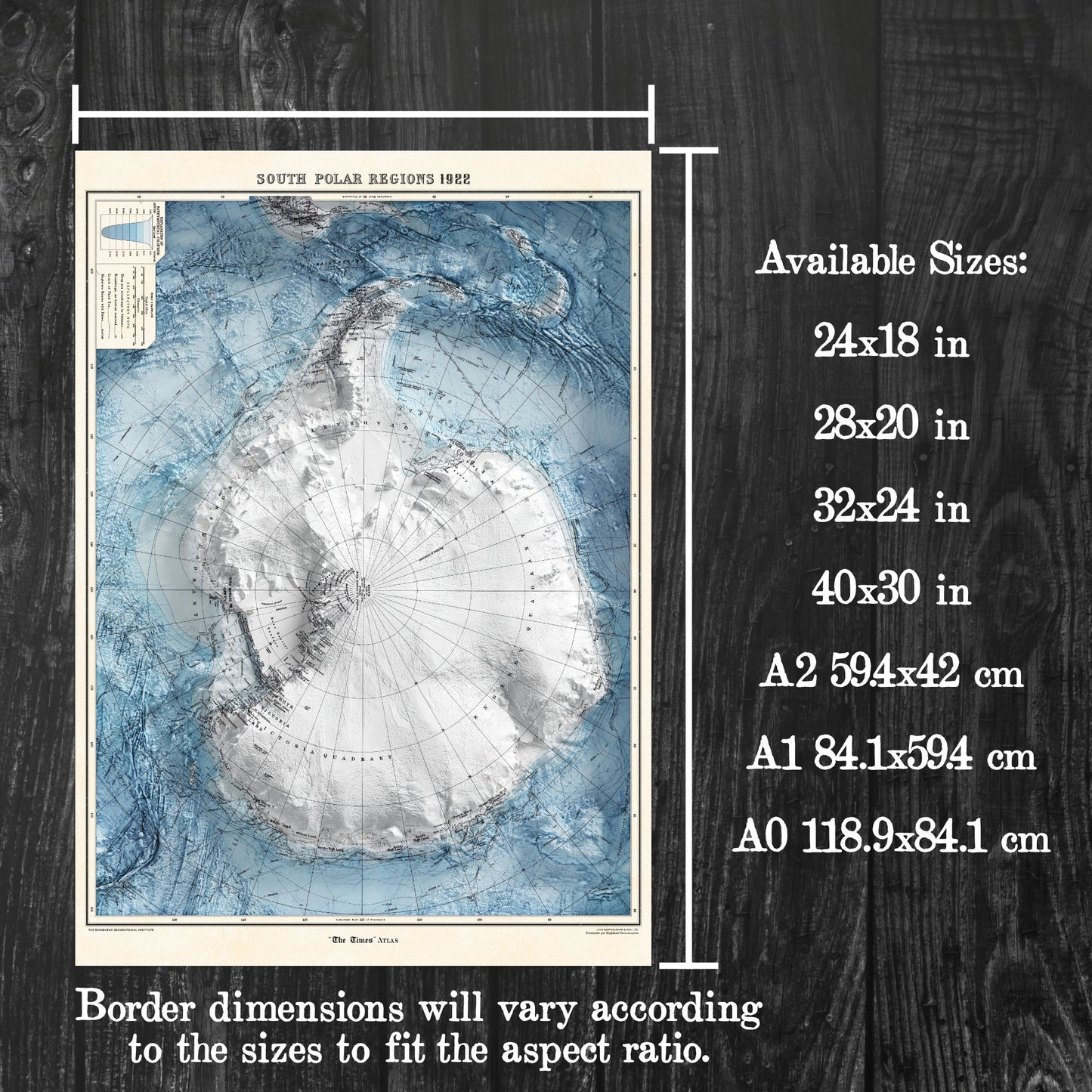 Antarctica Map - Vintage Style Print (1922) - South Pole Shaded Relief Map - Detailed Topography - Wall Art Print