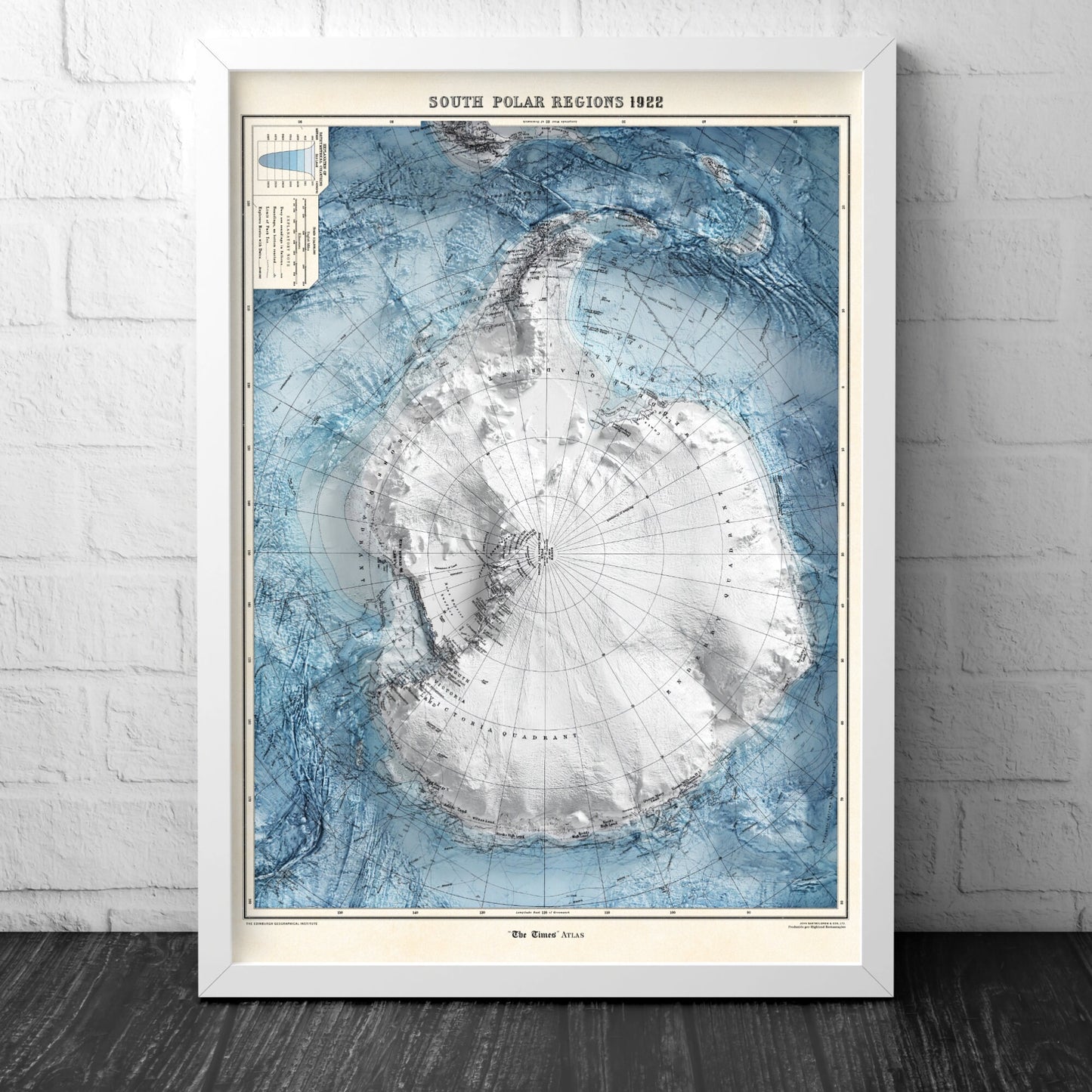 Antarctica Map - Vintage Style Print (1922) - South Pole Shaded Relief Map - Detailed Topography - Wall Art Print