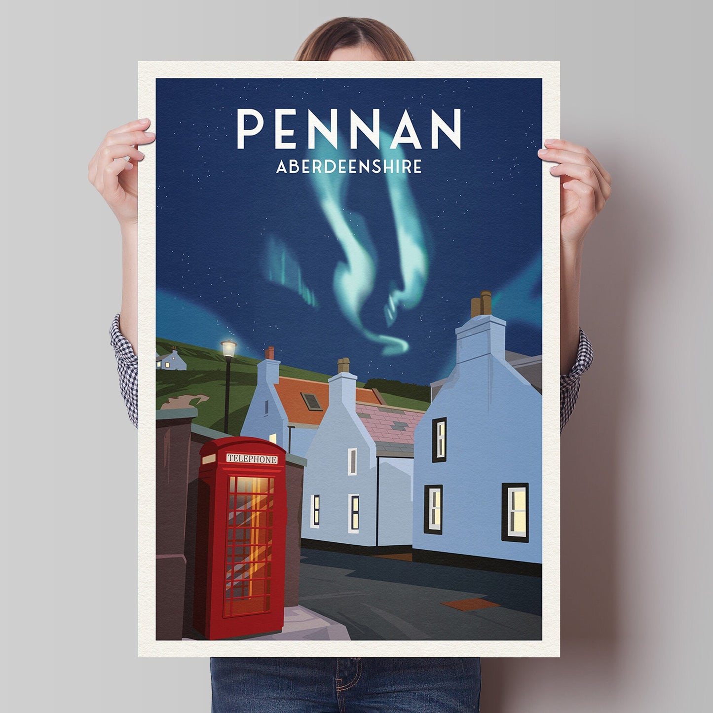 Pennan Travel Poster - Aberdeenshire - Scotland - Local Hero - Red Telephone Box - Northern Lights - Aurora Borealis - Scottish Landscape