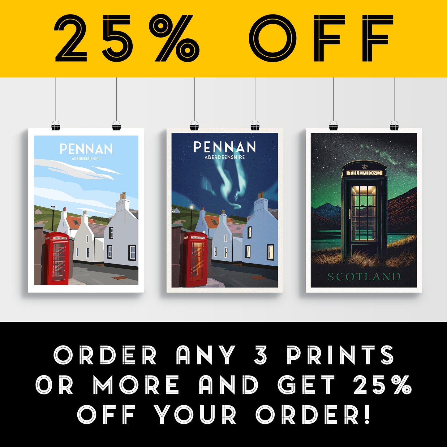 Pennan Travel Poster - Aberdeenshire - Scotland - Local Hero - Red Telephone Box - Northern Lights - Aurora Borealis - Scottish Landscape