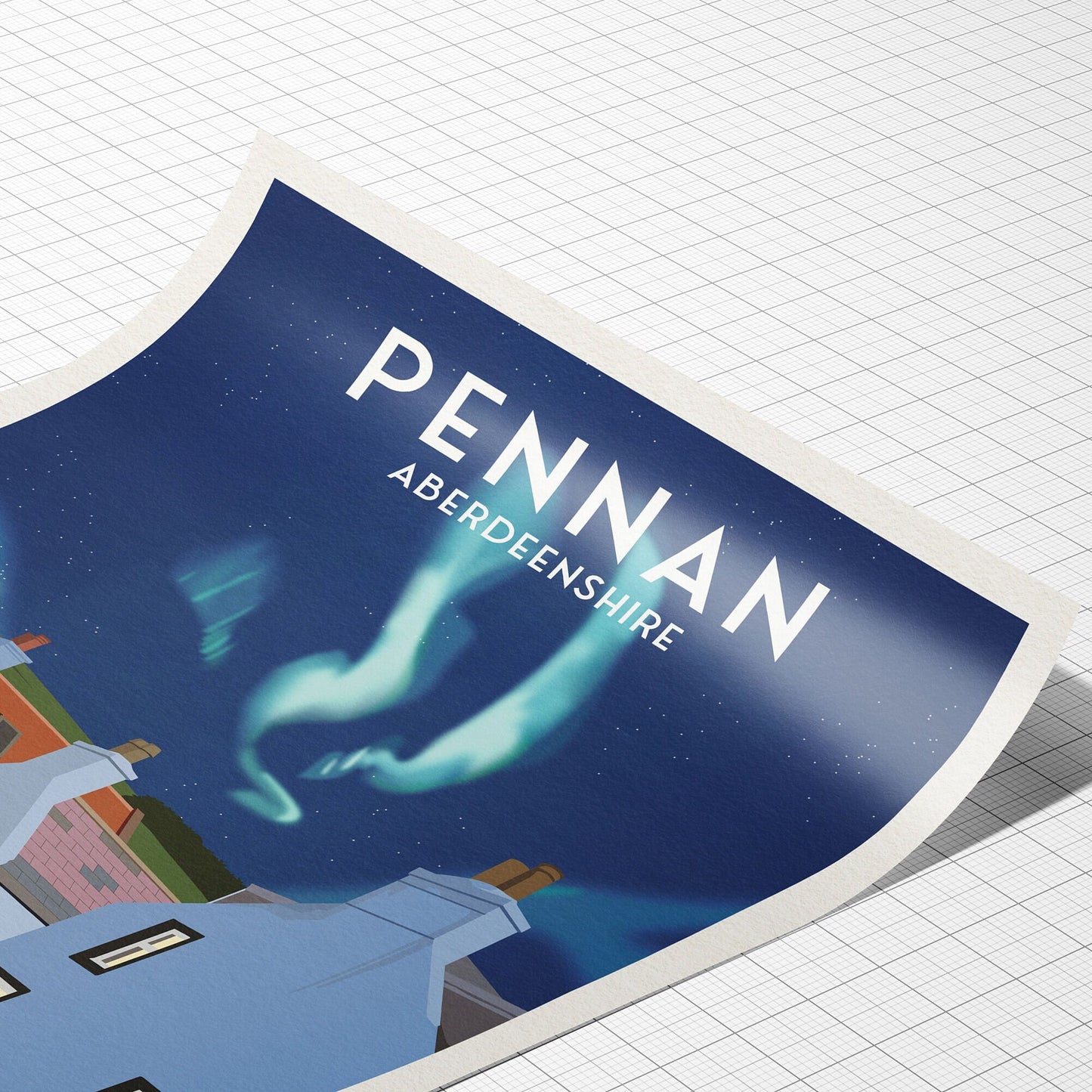 Pennan Travel Poster - Aberdeenshire - Scotland - Local Hero - Red Telephone Box - Northern Lights - Aurora Borealis - Scottish Landscape