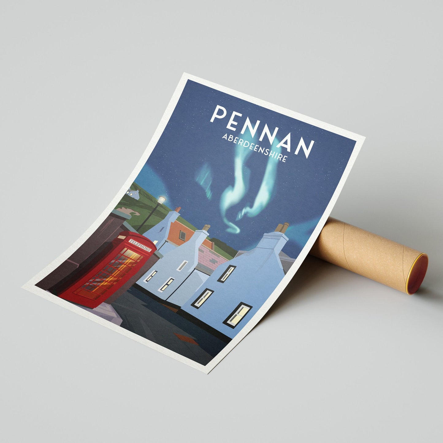 Pennan Travel Poster - Aberdeenshire - Scotland - Local Hero - Red Telephone Box - Northern Lights - Aurora Borealis - Scottish Landscape