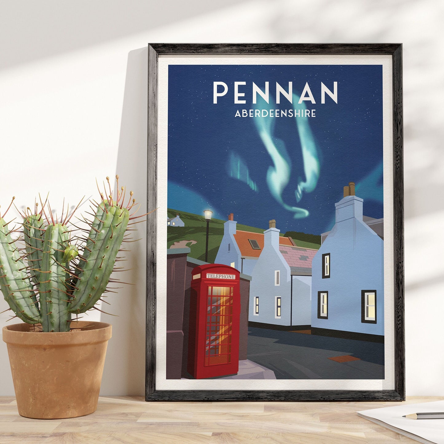 Pennan Travel Poster - Aberdeenshire - Scotland - Local Hero - Red Telephone Box - Northern Lights - Aurora Borealis - Scottish Landscape